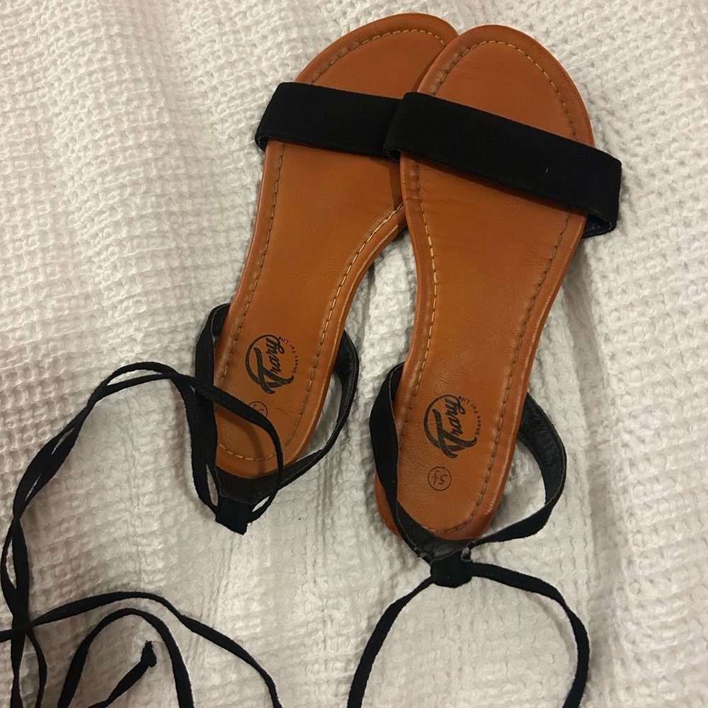 Black and Tan Women's Ankle Tie Sandals